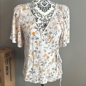 Lucky Brand Floral Wrap Top with Orange Accents, M
